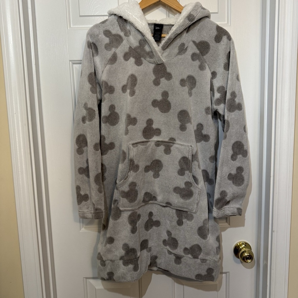 DISNEY MICKEY MOUSE ALL OVER PRINT Fleece Grey HOODIE LONG SWEATSHIRT Pullover M